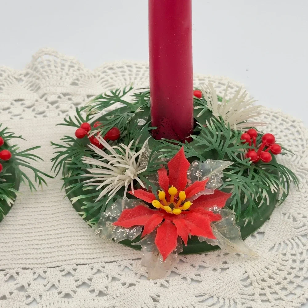 Vintage Christmas Poinsettia Candle Rings‎ Set of 2 Red Green Holiday Decor